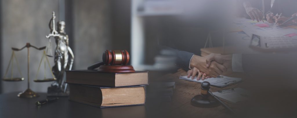 business law theme. Themis statue and judge gavel in the law faculty library.